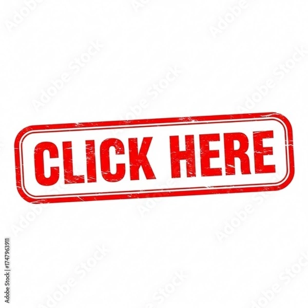 Fototapeta A red and white click here sign with a distressed texture on a white background in a rectangular shape