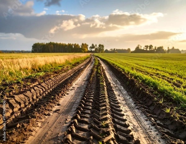 Fototapeta Country road through golden fields at sunset (2)