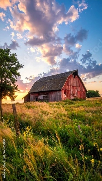 Obraz Rustic red barn at sunset in golden field