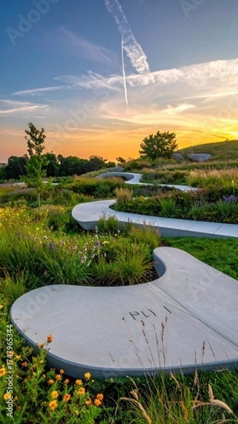 Fototapeta Winding paths in meadow with wildflowers during sunset