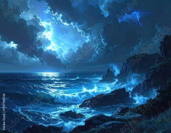 Fototapeta Stormy ocean rocks, waves, and bright sky with lightning