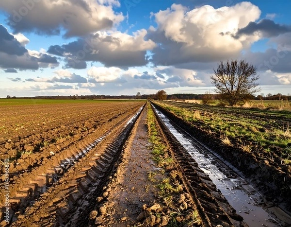 Fototapeta Countryside dirt track under a partly cloudy sky