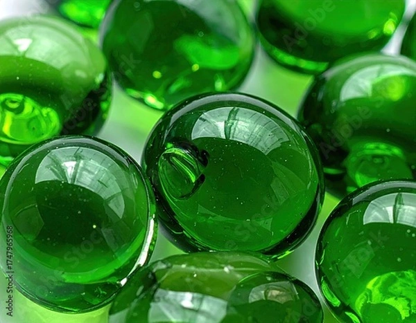 Fototapeta Shiny, translucent green glass marbles on a white surface