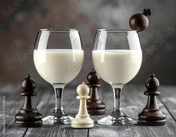 Fototapeta Two glasses of white beverage with chess pieces on wooden board