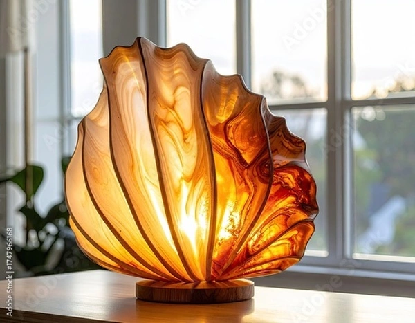 Fototapeta Shell-shaped lamp glows warmly on table, window light