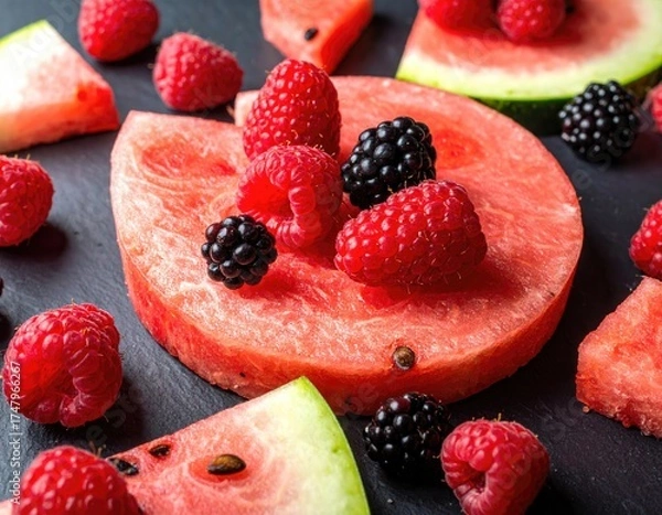 Fototapeta Sliced watermelon adorned with raspberries and blackberries