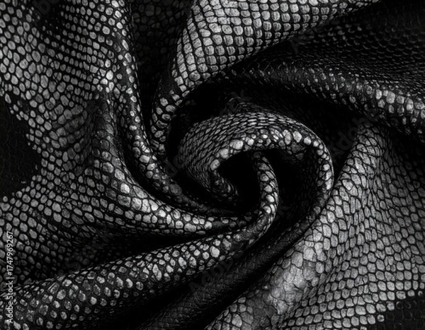 Fototapeta Swirling folds of textured snakeskin in a monochrome palette