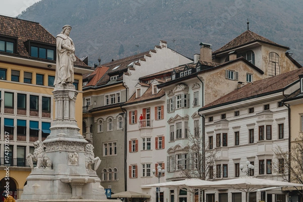 Fototapeta Bolzano, Italy - February 2025: Walther Square and typical architecture in the city center
