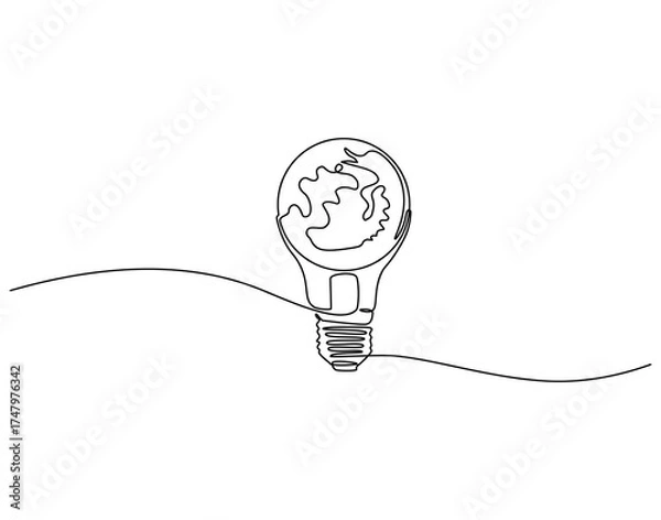 Fototapeta Continuous one line drawing of earth globe inside lamp bulb. One line drawing illustration of earth and lamp bulb mix. Idea and innovation concept single line. Editable outline