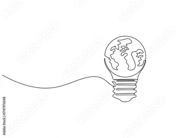 Fototapeta Continuous one line drawing of earth globe inside lamp bulb. One line drawing illustration of earth and lamp bulb mix. Idea and innovation concept single line. Editable outline