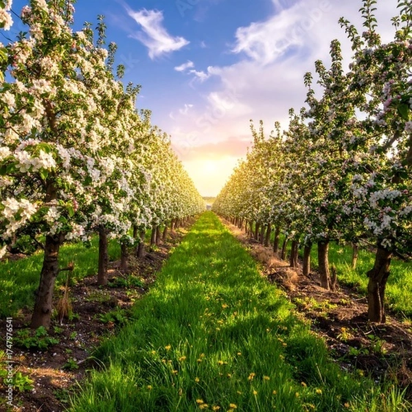 Obraz A sun-drenched orchard path lined with blossoming apple trees