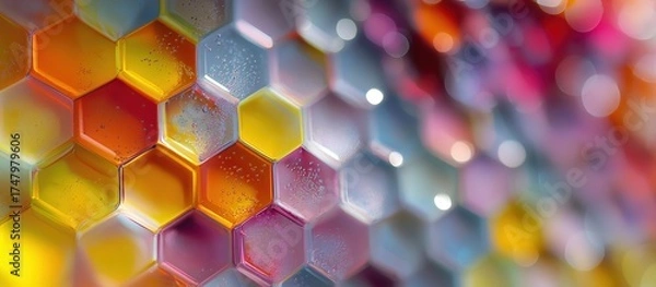 Fototapeta Hexagonal Spectrum: A macro shot unveils a kaleidoscope of colorful hexagonal cells, showcasing intricate patterns and the interplay of light and shadow, perfect for backgrounds and textures. 