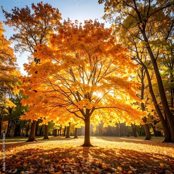 Obraz Golden autumn tree bathed in sunlight