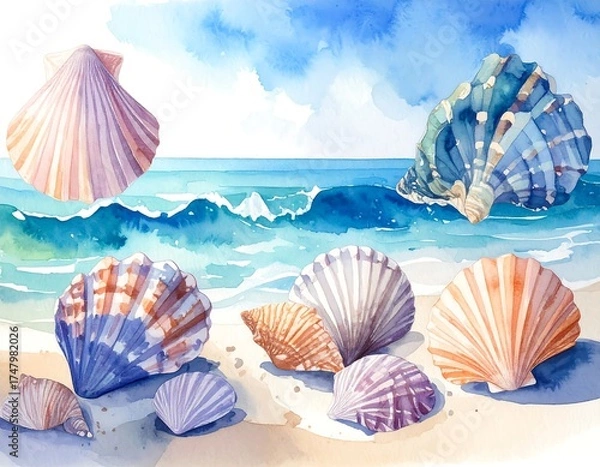 Obraz Watercolor seashell beach scene