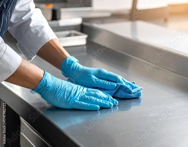Fototapeta A person cleans a stainless steel countertop using a blue cloth while wearing blue gloves, showcasing hygiene and cleanliness in a kitchen setting.