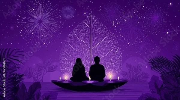 Fototapeta Cosmic Reverie: Silhouette couple observes a display of fireworks and candlelight amidst a dreamy purple night sky, evokes the wonder of the cosmos and romance.