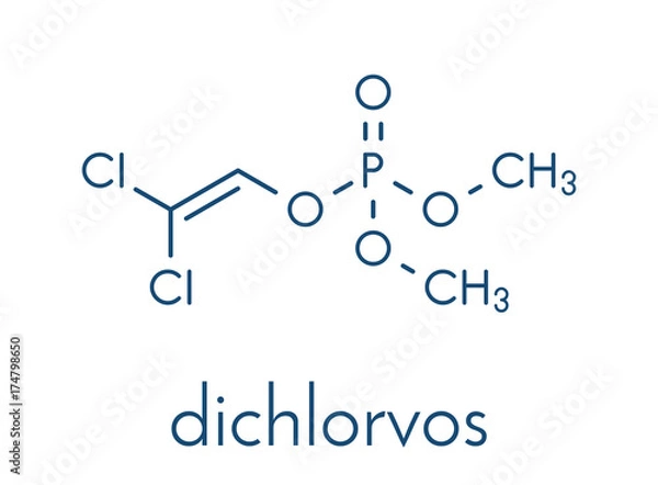 Fototapeta Dichlorvos organophosphate insecticide molecule. Neurotoxin pesticide that blocks the acetylcholinesterase enzyme. Skeletal formula.