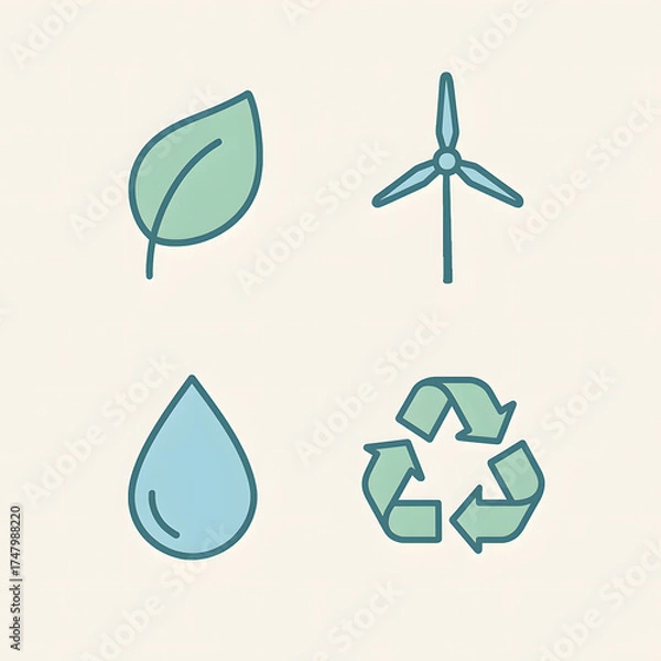 Fototapeta Simple eco icons set — leaf, wind turbine, water drop, recycle