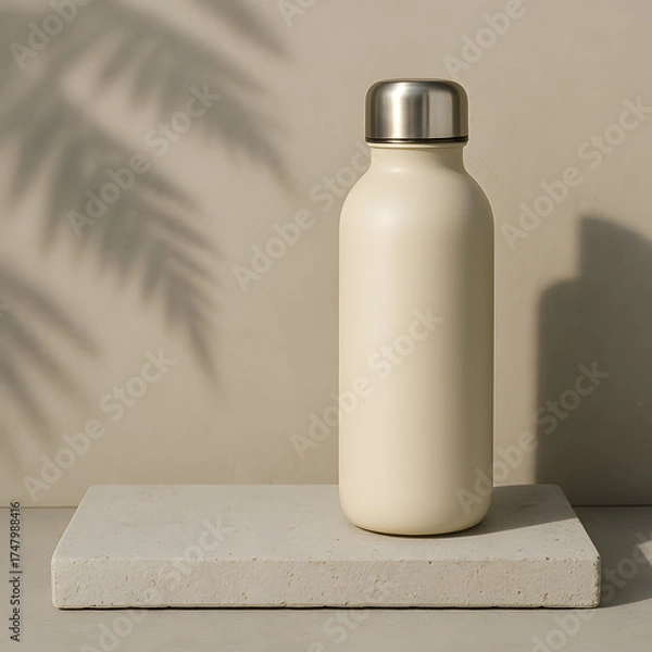 Fototapeta Reusable water bottle on stone pedestal with leaf shadows