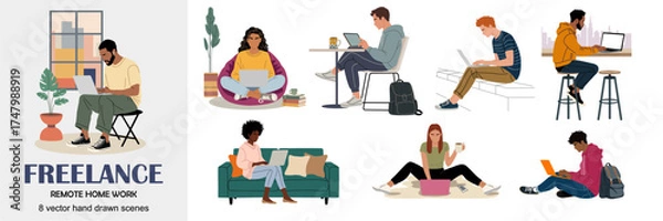 Fototapeta Flat vector illustration set of freelancers working remotely from home, diverse people using laptops and tablets in cozy modern interiors, casual work scenes, digital lifestyle concept