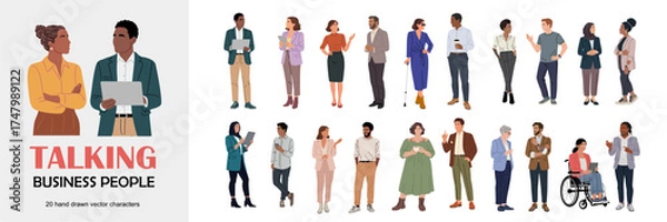 Fototapeta Flat vector illustration set of diverse business professionals in modern attire and poses, minimalist corporate people collection, teamwork, communication, diversity, and leadership concept.