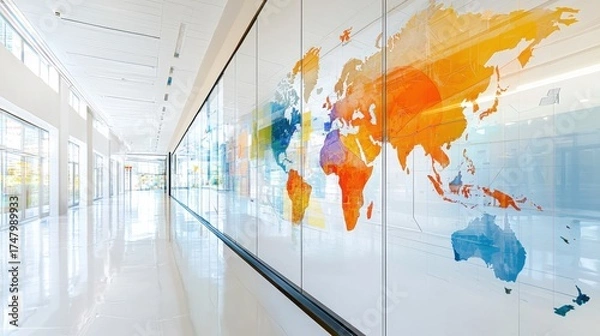 Obraz A modern hallway featuring a colorful world map mural on glass walls, reflecting a bright and airy atmosphere.