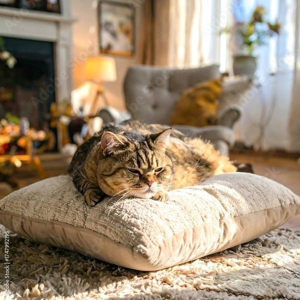 Fototapeta Cozy cat resting on a pillow