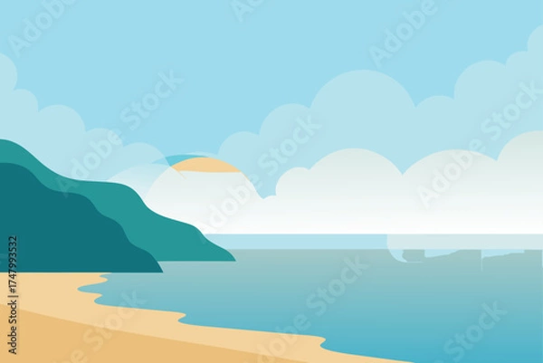 Fototapeta A scenic beach view with mountains and cloudy sky