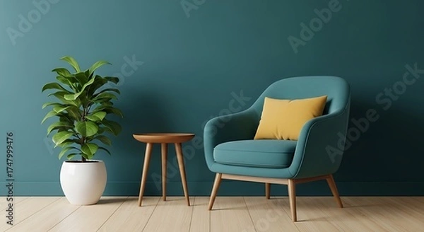 Fototapeta Modern Living Room Interior Design Teal Armchair Yellow Cushion Indoor Plant Decor Minimalist Furniture Wood Flooring Room Decor Home Decor Modern Style