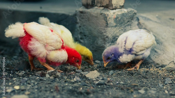Fototapeta Three brightly dyed chicks pecking on rocky ground near concrete. Ideal for animal-themed visuals, rural scenes, and playful or educational content.