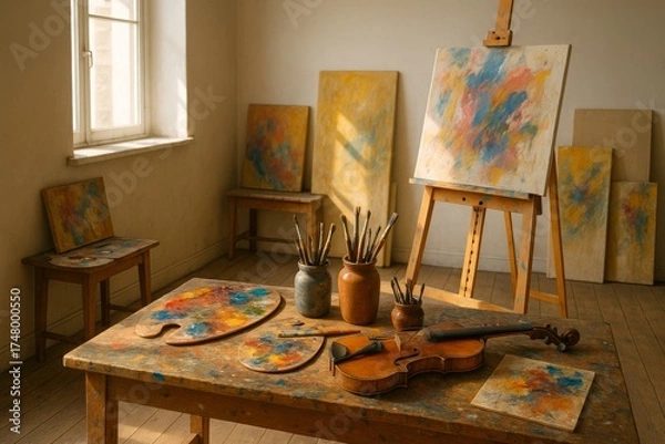 Fototapeta Inside a bright, sunlit artist's studio, creative inspiration comes to life, with equipment. An art table with a violin in front of a sunny window and paintings on display in an inspiring space.