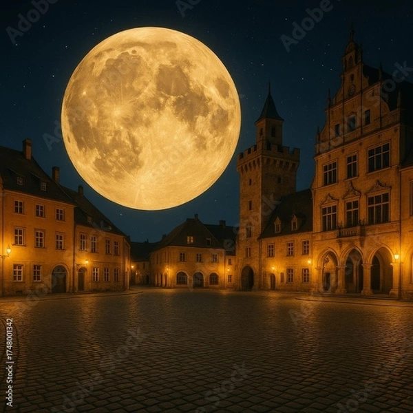 Fototapeta A captivating scene of a historical town square under the soft glow of the moon