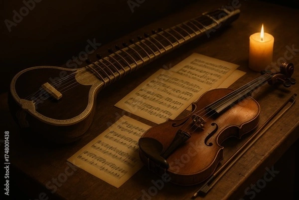 Fototapeta Still life featuring a violin, sitar, sheet music, and candle. The scene is illuminated by the soft glow of the candle. 
