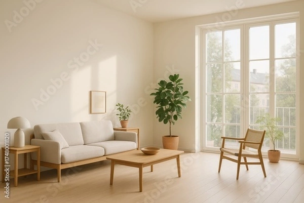 Fototapeta A stylish living room interior with natural light and minimalist furniture. The room has a modern design with a sofa, coffee table, chair, side table, and plants.