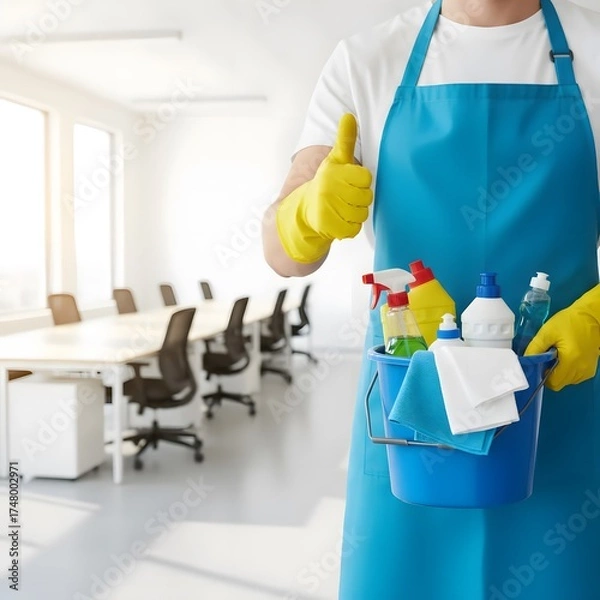 Fototapeta Professional Cleaning Service Concept  Cleaner with Cleaning Supplies and Thumbs Up Gesture in Modern Office or Classroom