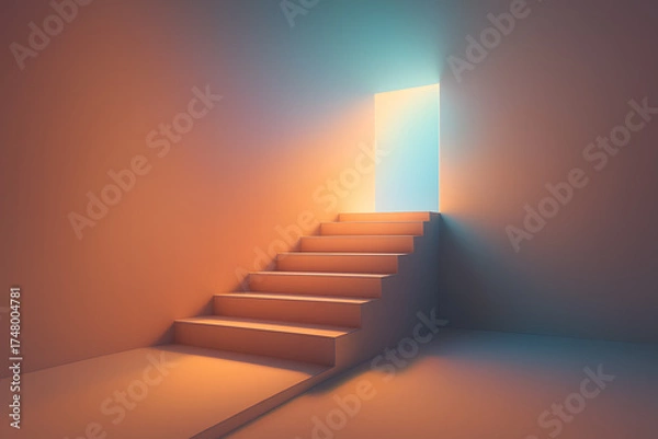 Fototapeta Abstract stairs to glowing doorway with colorful light