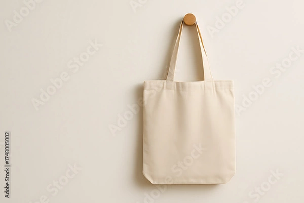 Fototapeta Beige canvas tote bag hanging on wall mockup