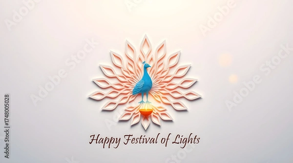 Obraz A blue peacock with abstract light-orange feathers radiates peace and light, embodying the elegance of Diwali.
