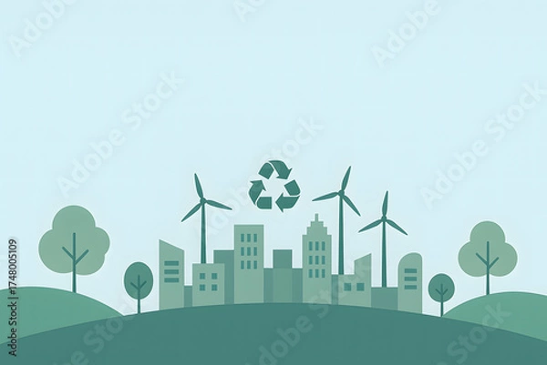 Fototapeta Sustainable city with wind turbines and recycle symbol illustration