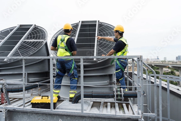 Fototapeta Industry HVAC system. Cooling tower on rooftop. Asian male engineer or technician maintenance and repair of cooling tower on rooftop of building, using handyman tools