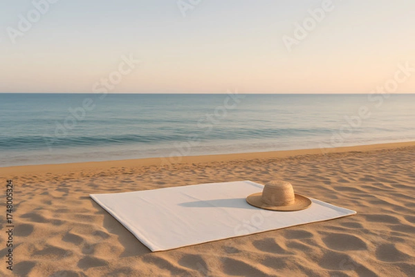Fototapeta Minimal beach scene with towel and straw hat at sunset