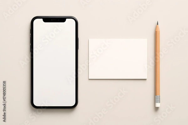 Fototapeta Smartphone mockup with blank business card and pencil flat lay