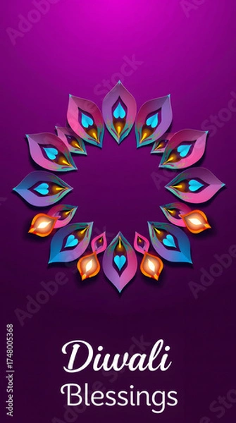 Obraz A glowing circle of diyas in vivid pinks and purples symbolizes unity, celebration, and Diwali’s divine radiance.
