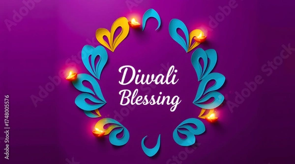 Obraz A bright wreath of blue and yellow patterns glows with diyas, radiating festive blessings for Diwali.
