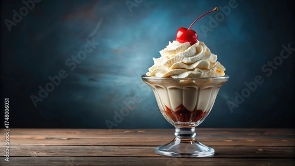 Fototapeta Creamy whipped topping floats on top of a classic ice cream sundae with a maraschino cherry garnish