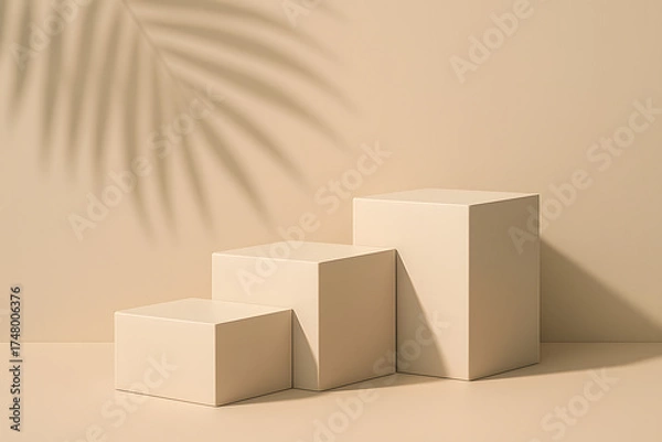 Fototapeta Beige product podium cubes with palm leaf shadow
