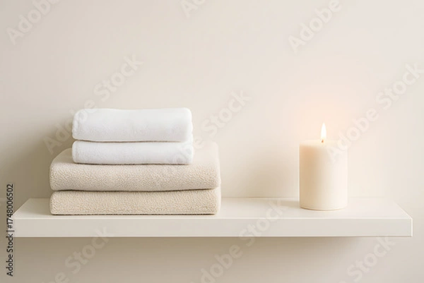 Fototapeta Clean towels and burning candle on shelf spa concept