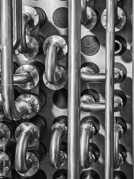 Fototapeta Complex arrangement of shiny metallic pipes and cooler fittings