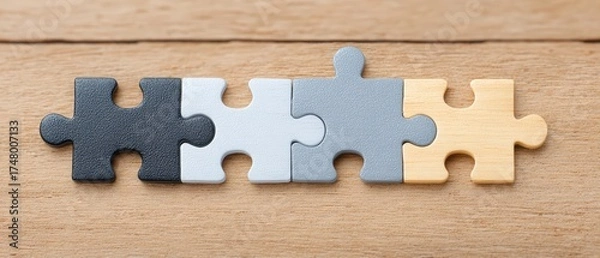 Fototapeta Colorful Puzzle Pieces Arranged on Wooden Background for Creative and Educational Concepts