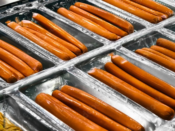 Fototapeta Sausages moving along a conveyor belt in a food processing facility